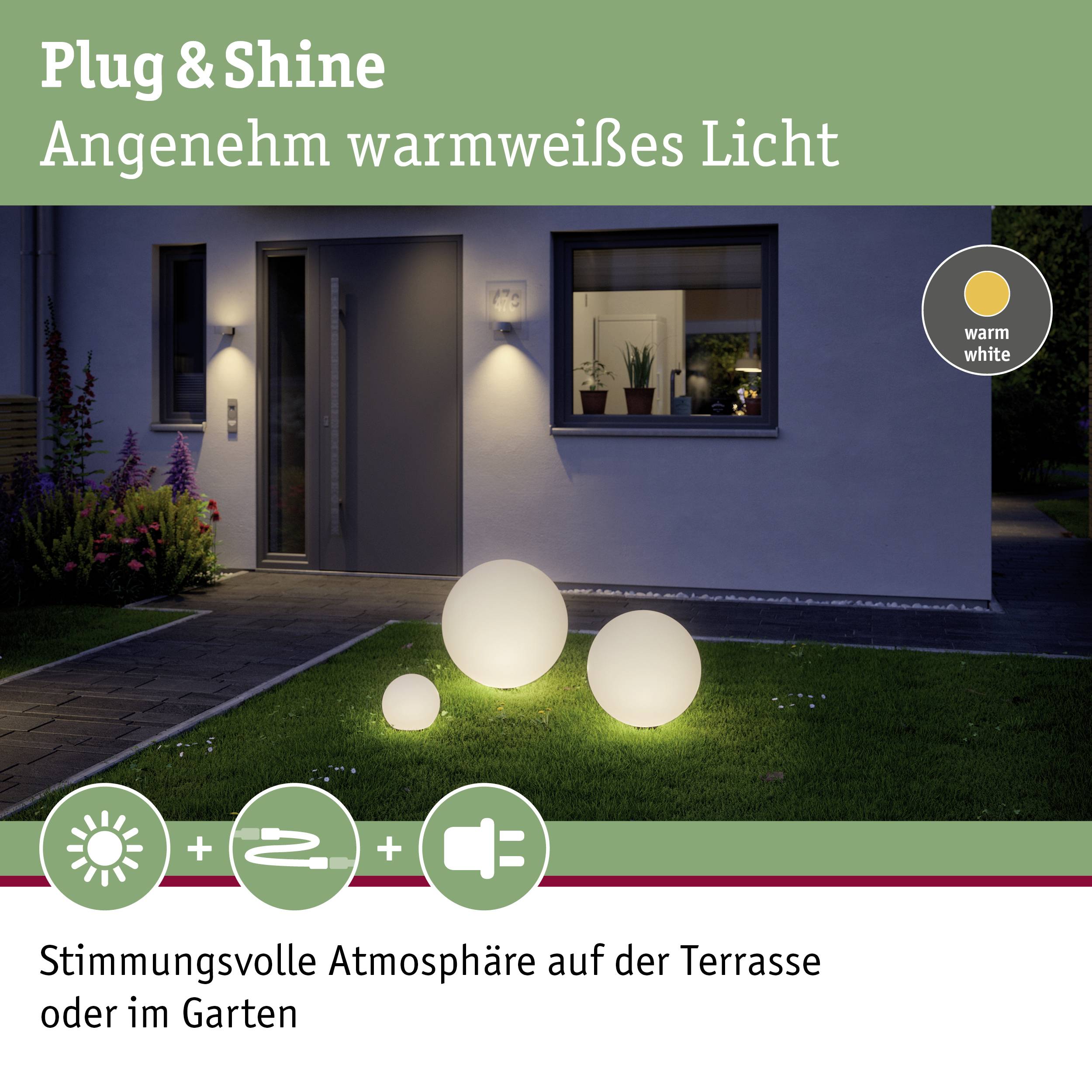 Warme, weiße Kugelleuchten beleuchten einen Garten vor einem modernen Haus. Text sagt, sie schaffen eine stimmungsvolle Atmosphäre.