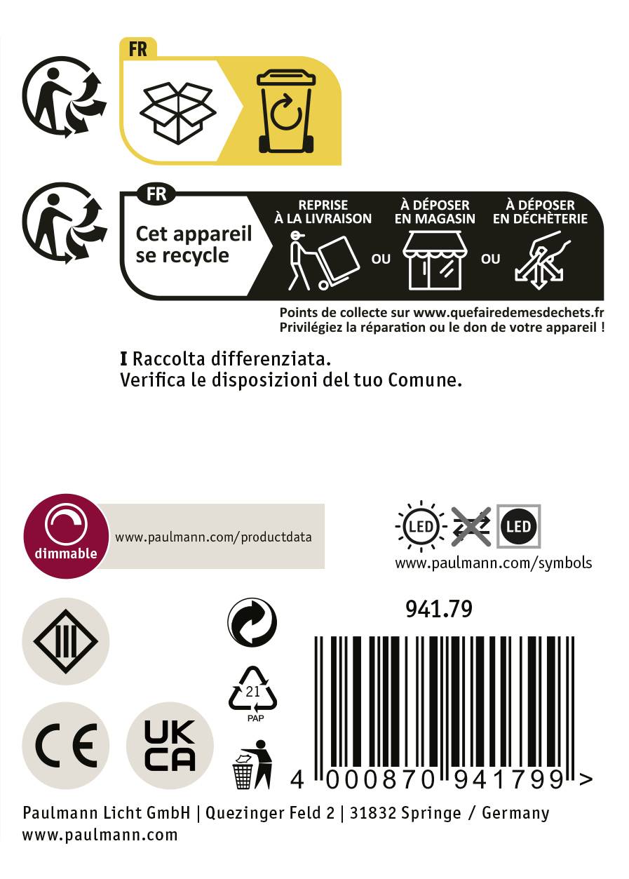 'Hinweise zur Entsorgung und Recycling von elektronischen Geräten und Lampen. Symbol für LED- und dimmbare Produkte, Paulmann Licht GmbH.'