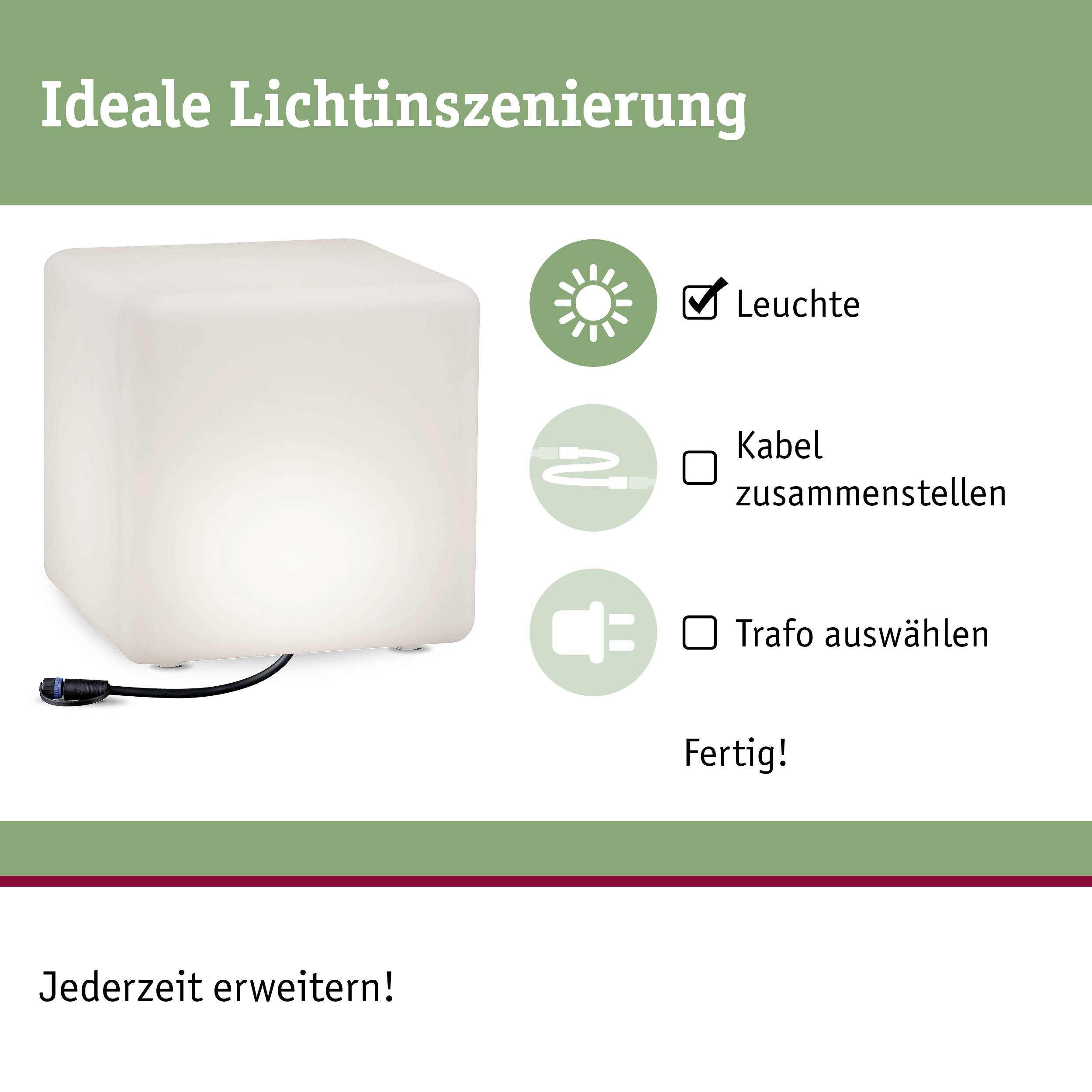 Würfelförmige Leuchte mit Kabel und Stecker, Text 'Ideale Lichtinszenierung', Symbole für Leuchte, Kabel und Trafo.