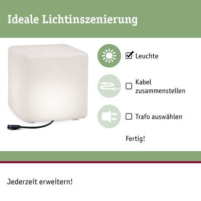 Würfelförmige Leuchte mit Kabel und Stecker, Text 'Ideale Lichtinszenierung', Symbole für Leuchte, Kabel und Trafo.