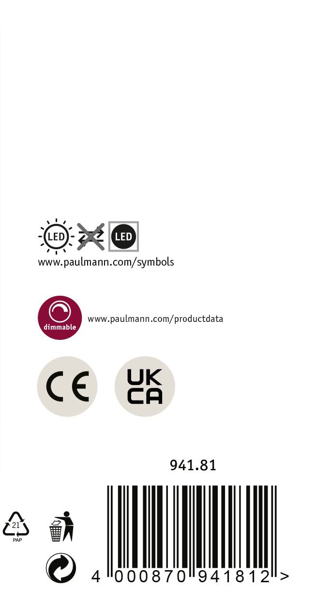 'LED dimmbar' Symbol, 'CE' und 'UKCA' Kennzeichnung. Weblinks: 'www.paulmann.com/symbols' und 'www.paulmann.com/productdata'. Strichcode unten.