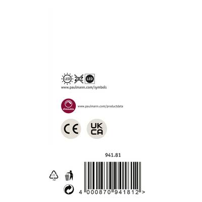'LED dimmbar' Symbol, 'CE' und 'UKCA' Kennzeichnung. Weblinks: 'www.paulmann.com/symbols' und 'www.paulmann.com/productdata'. Strichcode unten.