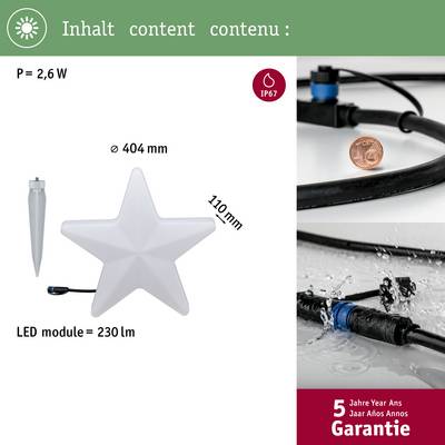Ein LED-Stern mit einer Leistung von 2,6W und IP67-Schutz. Maße: 110 mm x 404 mm. 5 Jahre Garantie.