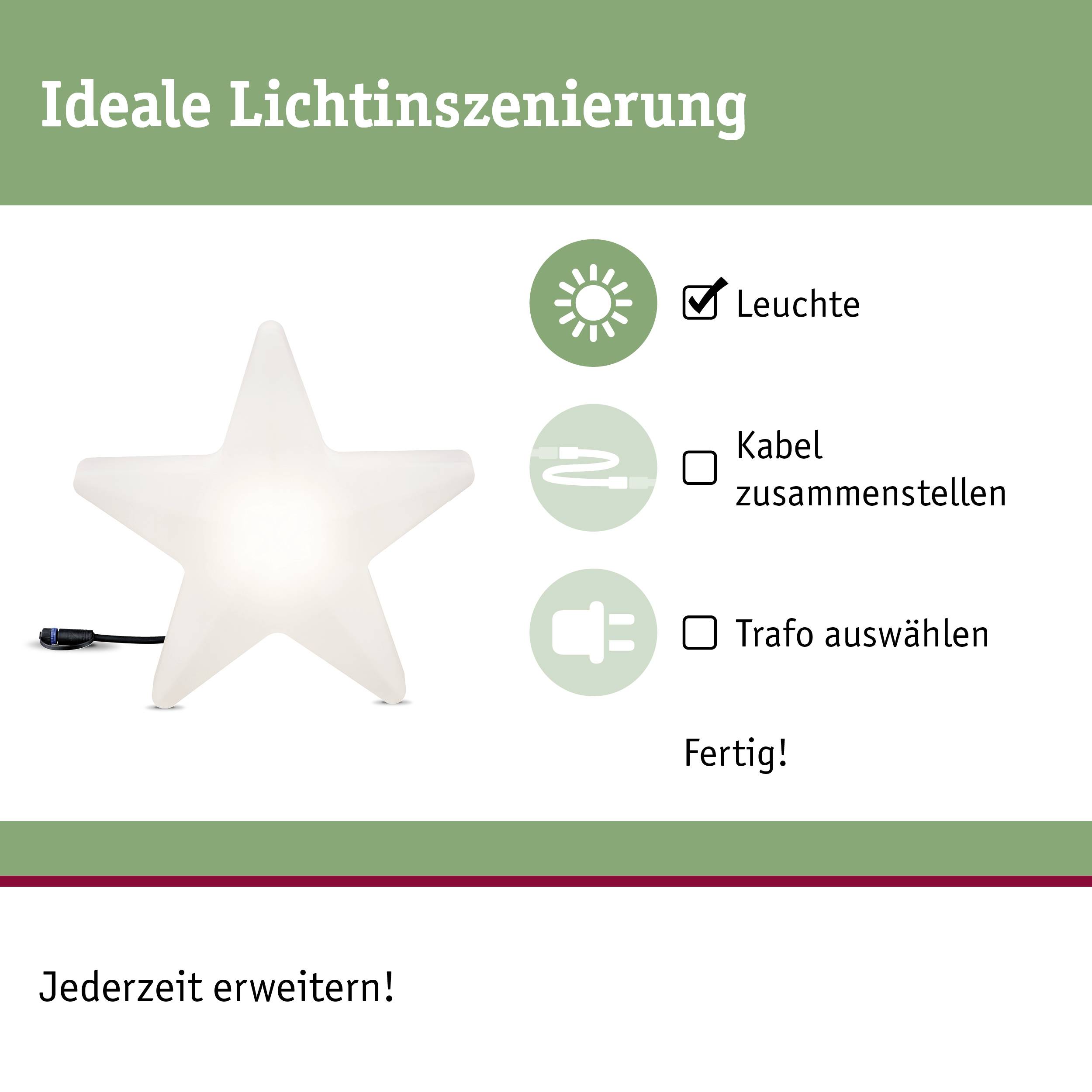 'Sternförmige Lampe mit Text: Leuchte, Kabel zusammenstellen, Trafo auswählen, Fertig! Ideale Lichtszenierung.'