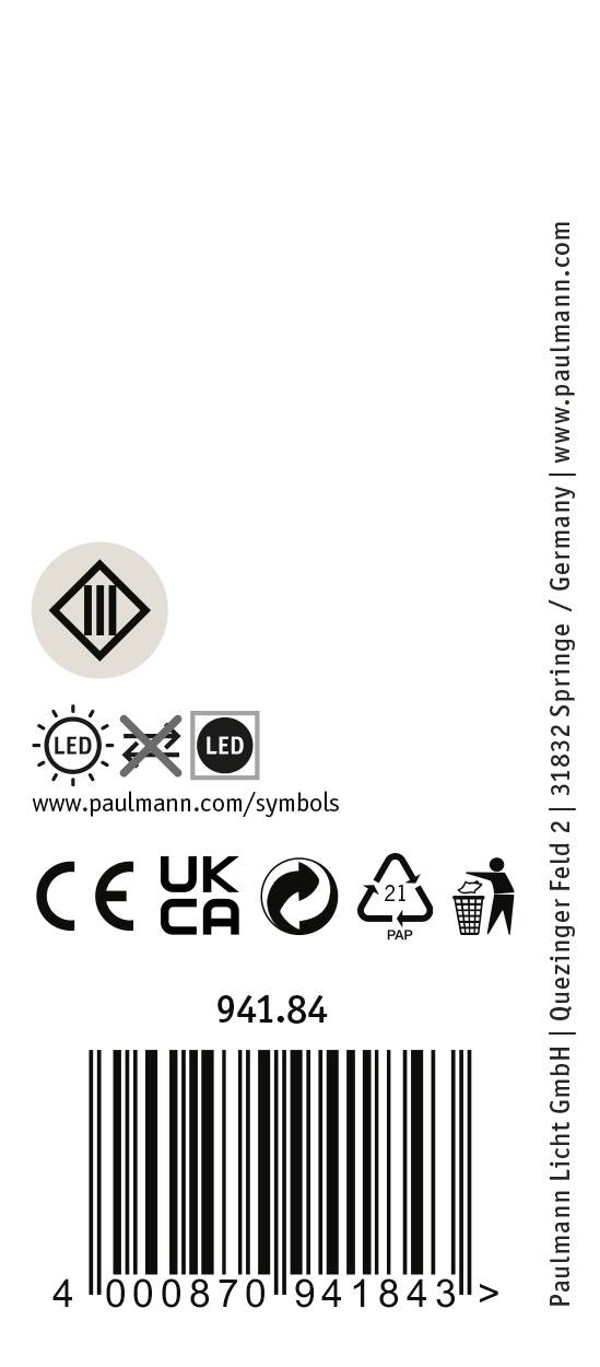 Etikett für ein Paulmann-Produkt mit LED-Symbolen, Warnsymbolen, Barcode, und Herstellerinformationen in kleinem Text.