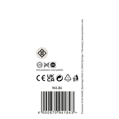 Etikett für ein Paulmann-Produkt mit LED-Symbolen, Warnsymbolen, Barcode, und Herstellerinformationen in kleinem Text.