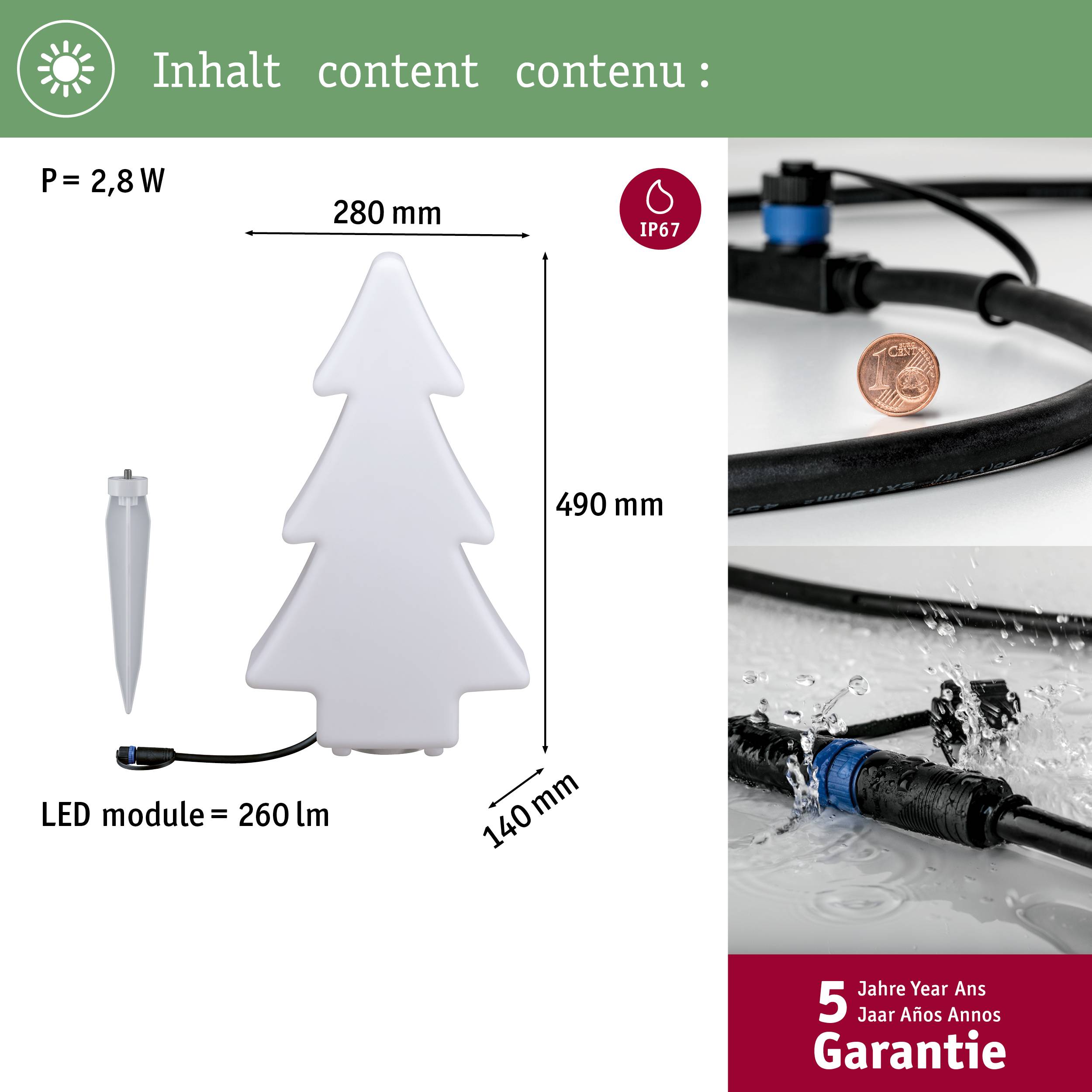 'LED-Dekorationsleuchte mit Baumform (280 mm x 490 mm) für den Außenbereich, Lichtleistung: 260 lm, Leistung: 2,8 W, Schutzart: IP67.'
