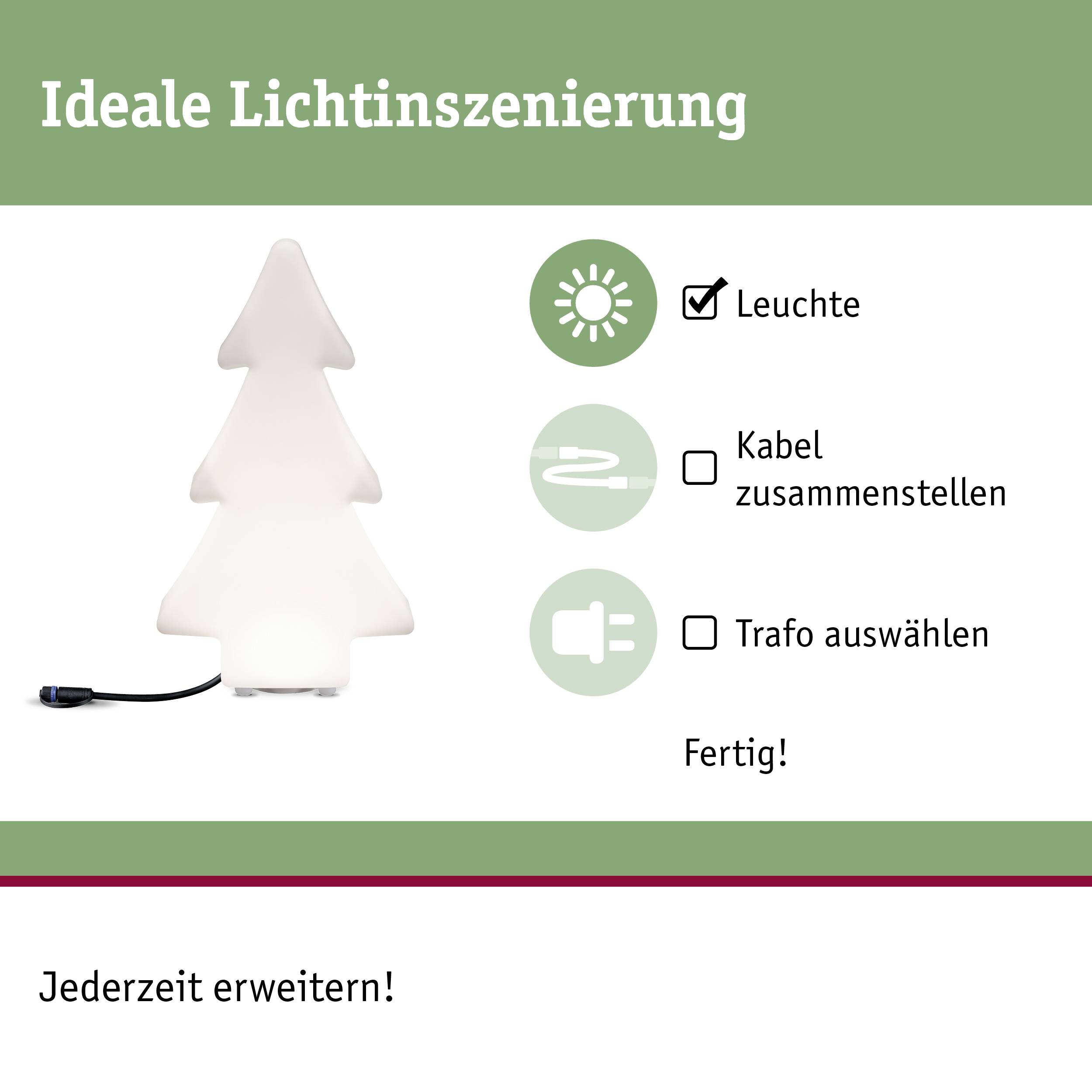 Weiße Tannenbaum-Lampe mit Text: 'Leuchte', 'Kabel zusammenstellen', 'Trafo auswählen', 'Fertig!', 'Jederzeit erweitern!'.