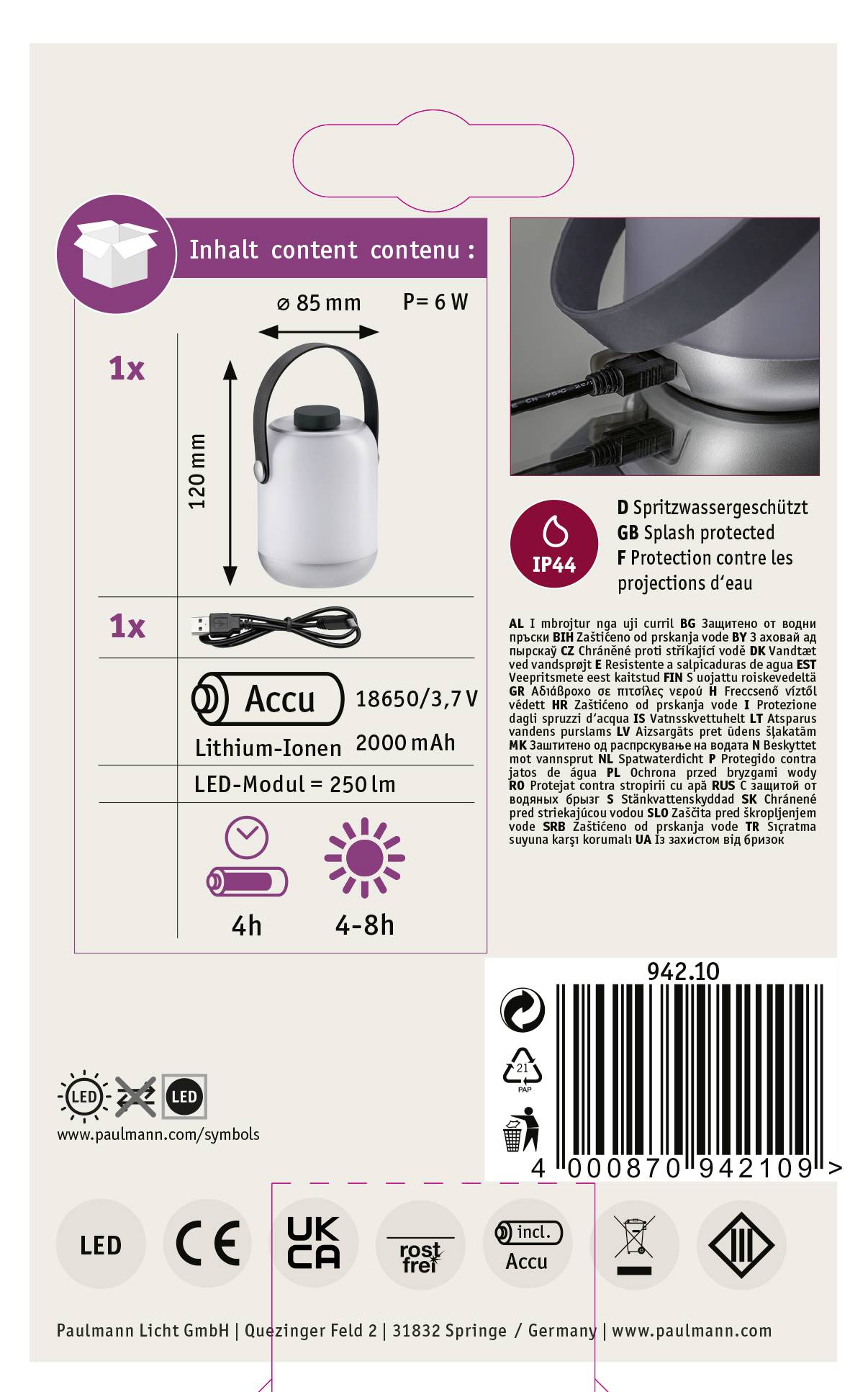 'Verpackungsetikett einer Lampe: Details zur Lampe, Akkukapazität 2000 mAh, Leuchtdauer 4-8 Stunden, spritzwassergeschützt.'