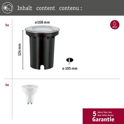 'Einbaustrahler für den Außenbereich, Durchmesser 108 mm, Höhe 124 mm, IP67-Schutz, inklusive GU10 LED-Lampe, 5 Jahre Garantie.'