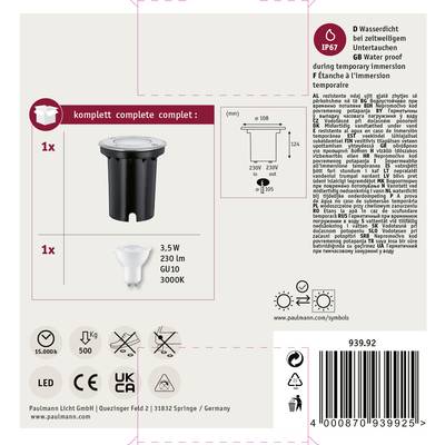 'Komplett-Set mit Einbaustrahler und LED-Leuchtmittel, IP67 wasserdicht, 3,5W, 230lm, 3000K, Produktcode: 939.92.'