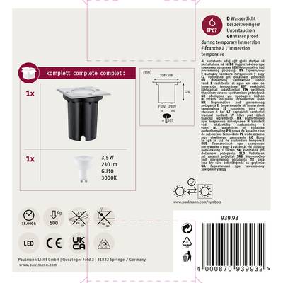 'Einbauleuchte mit wasserdichtem Gehäuse IP67. Set enthält 1x Leuchte und 1x LED-Lampe GU10, 230 lm, 3000K. Zertifizierungen: LED, CE, UKCA.'