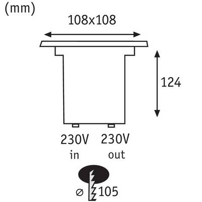 Technische Zeichnung eines quadratischen Einbauleuchtmittels. Maße: 108x108 mm, Einbautiefe 124 mm, Bohrlochdurchmesser 105 mm. Spannung: 230V Ein-/Ausgang.