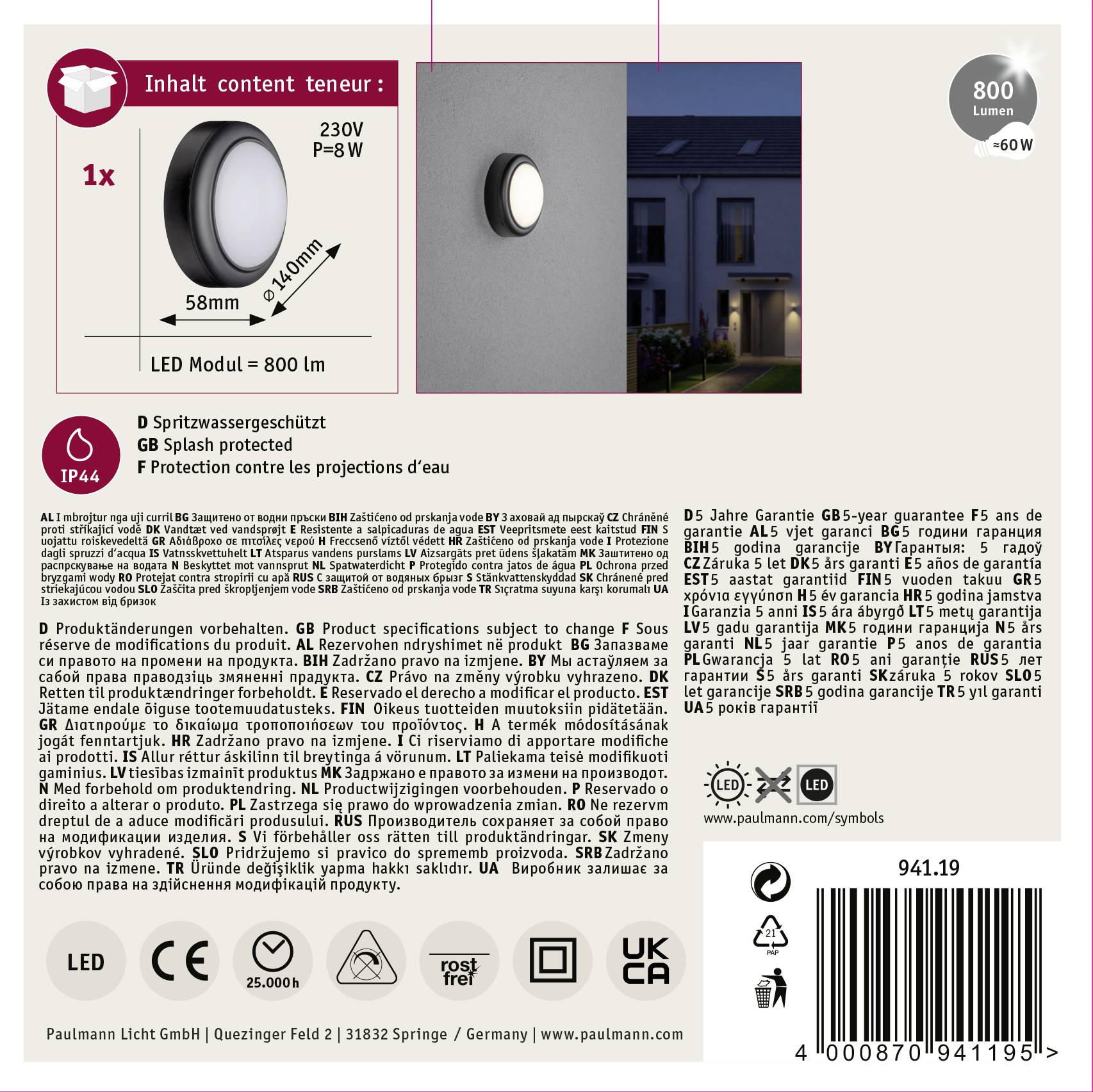 'Paulmann Außenwandleuchte-Beschreibung mit CE-Zeichen und GS-Kennzeichnung. LED 800 Lumen, 6W, IP44 spritzwassergeschützt, 5 Jahre Garantie.'