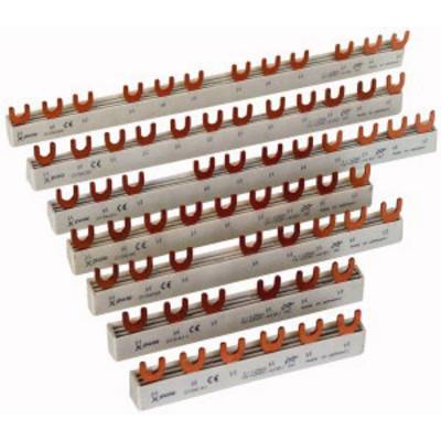 Mehrere Kupferschienen mit orangefarbenen Klemmen, nummeriert und mit Prüfzeichen versehen, zur Verwendung in elektrischen Schaltschränken.
