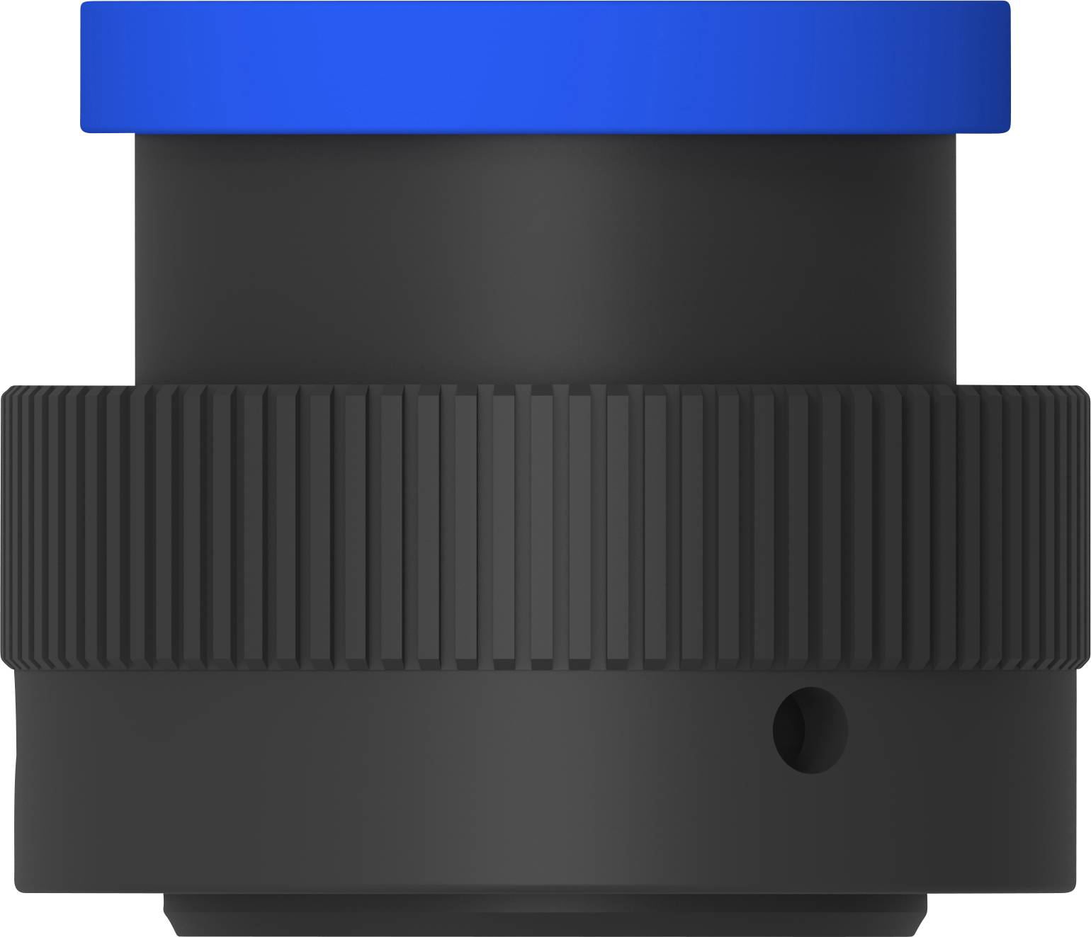 Ein schwarzer zylindrischer Anschlussadapter mit einem blauen Deckel, verwendet in technischen oder industriellen Anwendungen.