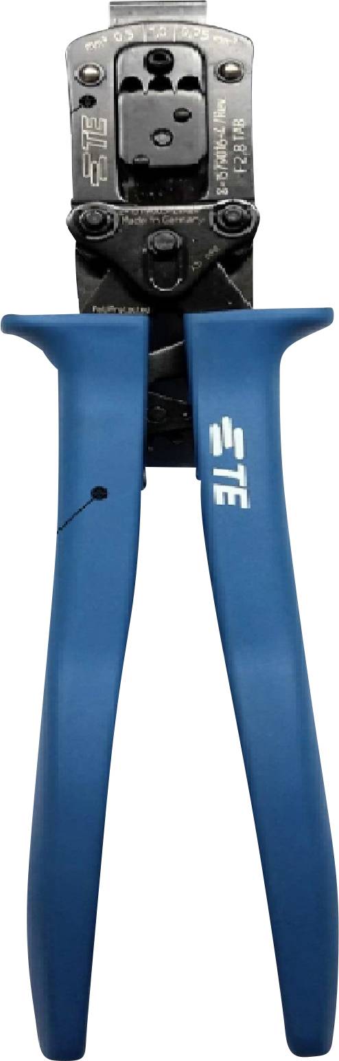 'Crimpzange von TE für elektrische Verbindungen mit blauen Griffen und schwarzem Kopf, geeignet zum Vercrimpen von Steckverbindern.'
