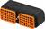 Elektronischer Steckverbinder mit schwarzem Gehäuse und orangen Details. Enthält mehrere Anschlusspunkte für Kabelverbindungen.