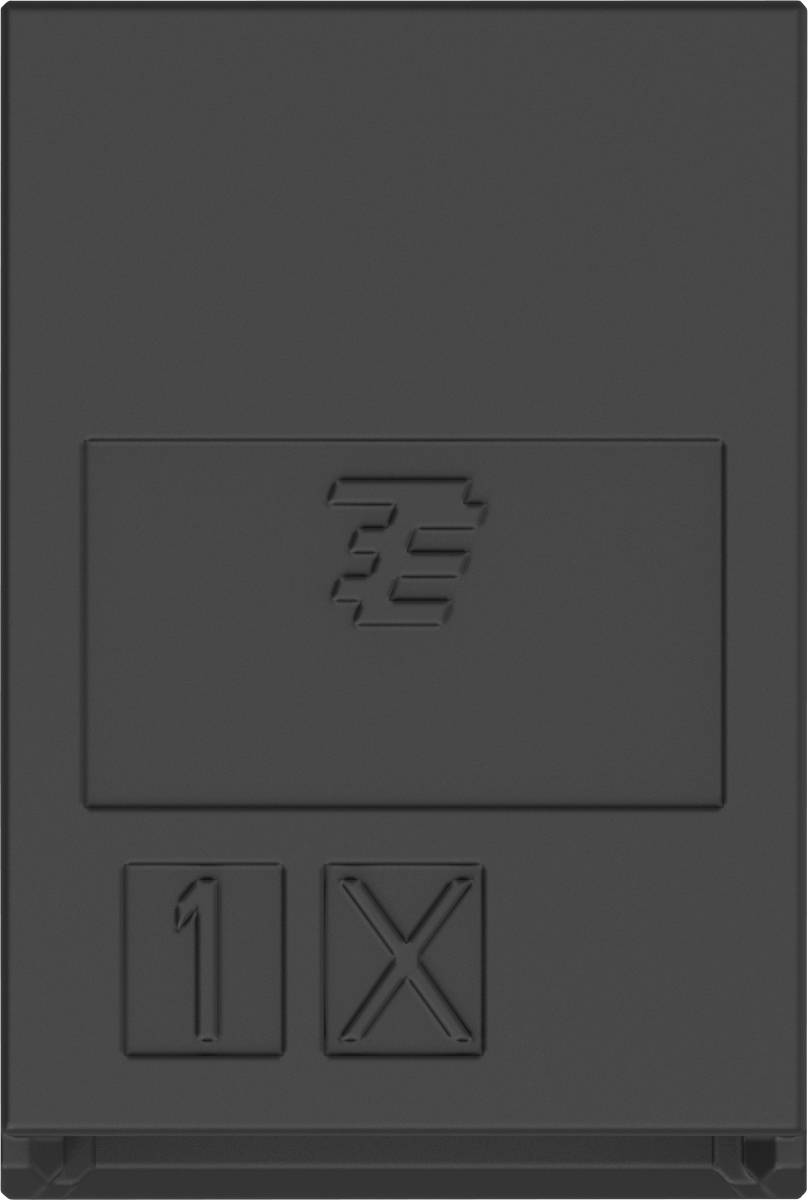 Dunkler Kasten mit eingeprägtem Symbol und Zahlen '1' und 'X' darunter, möglicherweise ein Elektroteil oder eine Komponente.