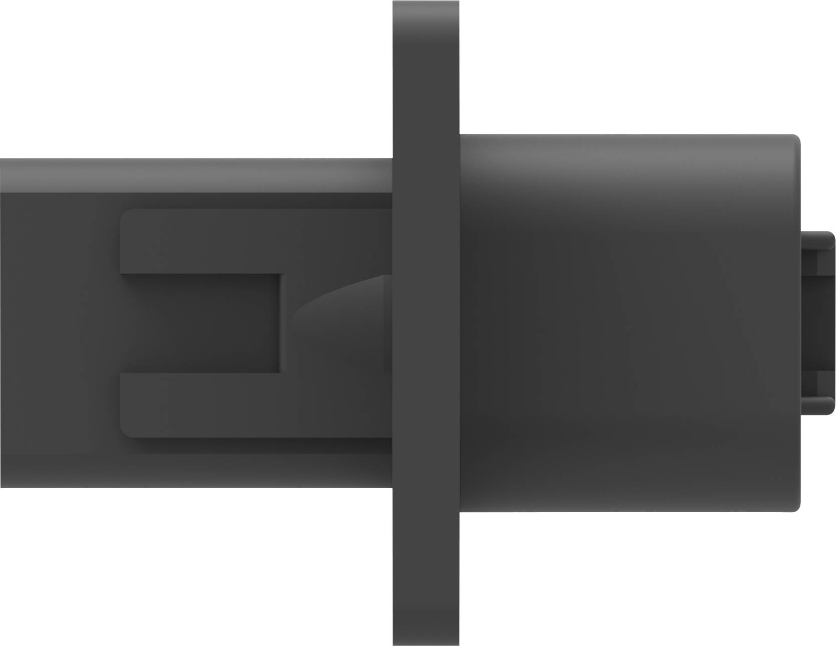 Schwarzer Kunststoffstecker von der Seite, rechteckige Form mit abgerundeten Kanten und einem rechteckigen Flansch in der Mitte.