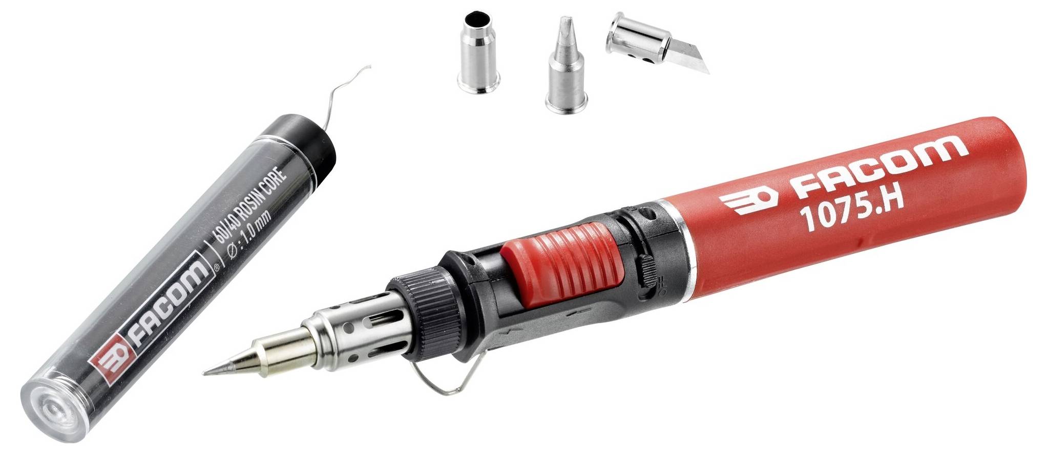 Lotkolben 'FACOM 1075.H' mit rotem Griff, Ersatzspitzen und Draht.