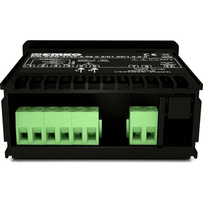 Ein kleiner schwarzer elektrischer Schaltkasten mit grünen Anschlussklemmen, verwendet für Steuerungen in elektronischen Systemen.