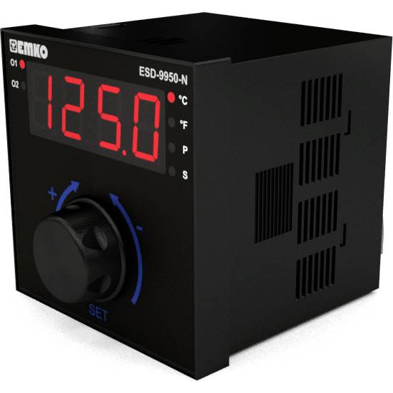 Ein digitaler Temperaturregler mit schwarzem Gehäuse zeigt '125,0' Grad Celsius auf einem roten Display an. Es gibt ein Einstellrad mit der Aufschrift 'SET' darunter.