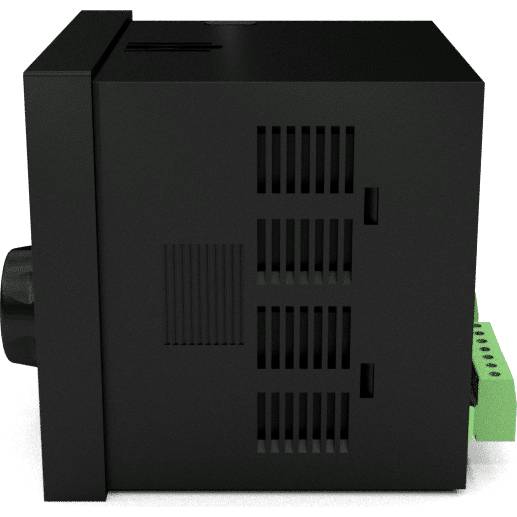 Ein schwarzes, rechteckiges Elektronikgerät mit seitlichen Lüftungsschlitzen und grünen Anschlussklemmen auf der rechten Seite.