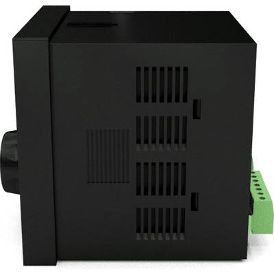 Ein schwarzes, rechteckiges Elektronikgerät mit seitlichen Lüftungsschlitzen und grünen Anschlussklemmen auf der rechten Seite.
