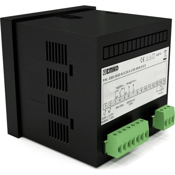 Schwarzes elektrisches Steuergerät von EMKO mit Anschlussklemmen unten, geeignet für industrielle Anwendungen und Montage in Schalttafeln.