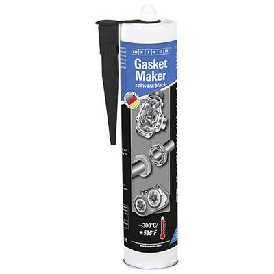 Kartusche mit schwarzem Dichtstoff, 'Gasket Maker', zeigt Autoteil-Anwendungen. Temperaturbeständigkeit: +300°C. Enthält Applikator.
