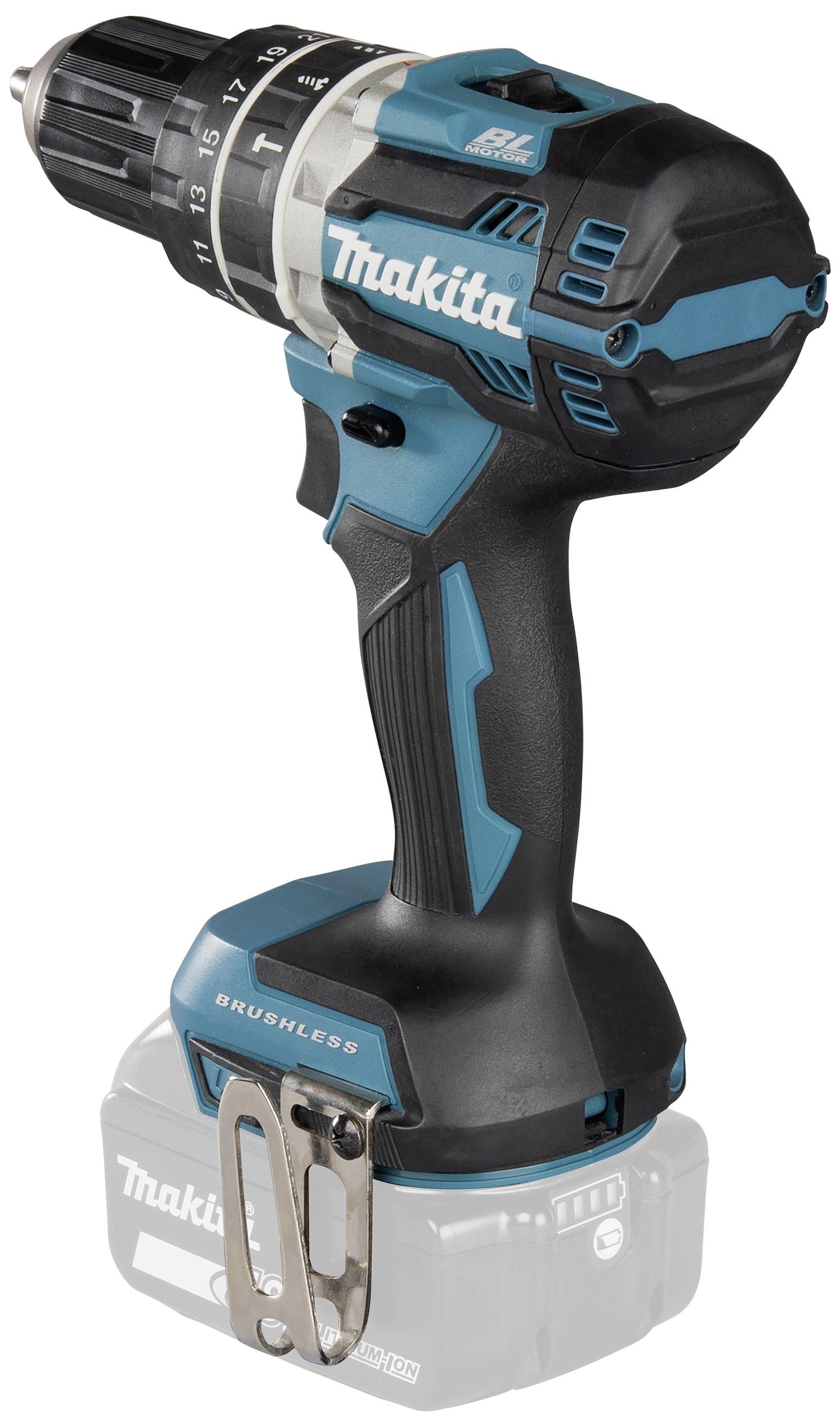 Akkubohrschrauber von Makita mit blau-schwarzem Gehäuse und grauem Akku.