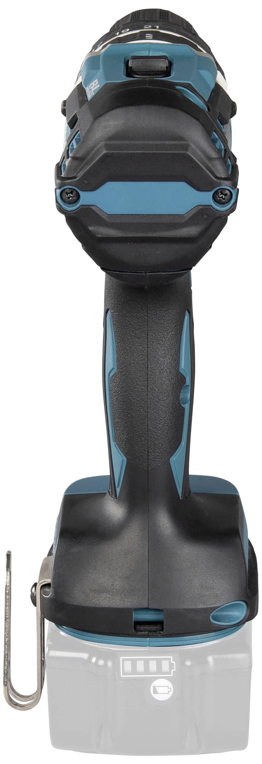 Akkubohrmaschine, vertikale Ansicht, blau-schwarzes Design, ohne Akku. Ideal für Heimwerkerarbeiten und mobile Einsätze.