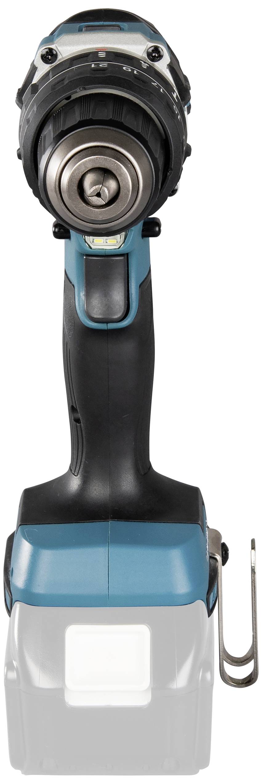 Akku-Bohrschrauber von vorne gezeigt, schwarz-blaues Design, Akkufach unten sichtbar.