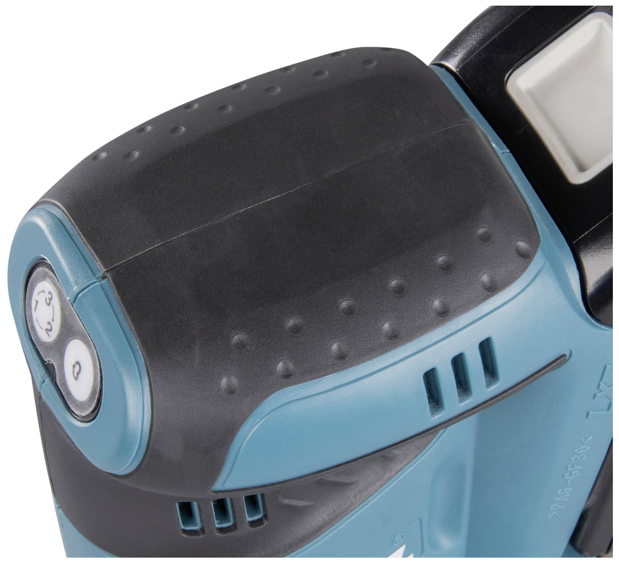 Nahaufnahme eines schwarzen, ergonomischen Griffs eines elektrischen Werkzeugs mit blauen Details und Steuerknöpfen.