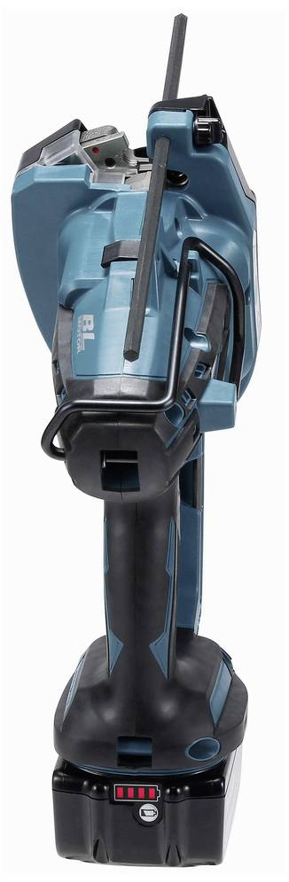 Akku-Nagler in Blau, aufrecht stehend. Das Gerät hat einen ergonomischen Griff und sichtbaren Ladeanzeiger.
