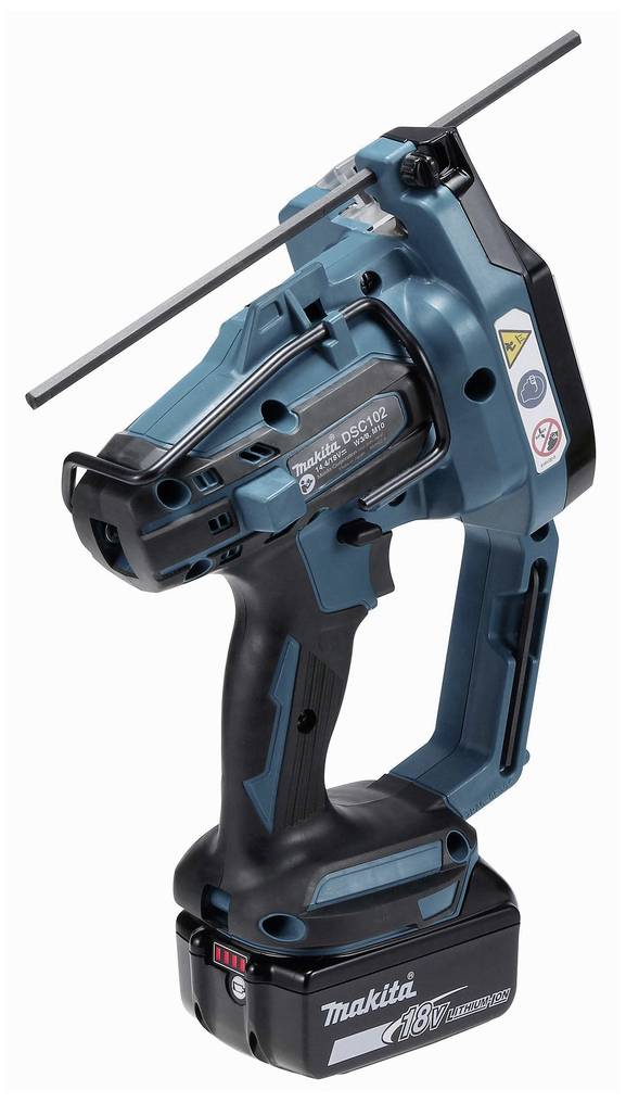 Ein kabelloses Elektrogerät in Blau und Schwarz, mit einem Tragegriff. Aufschrift 'Makita DC18RC'. 18V-Akkublock ist sichtbar.