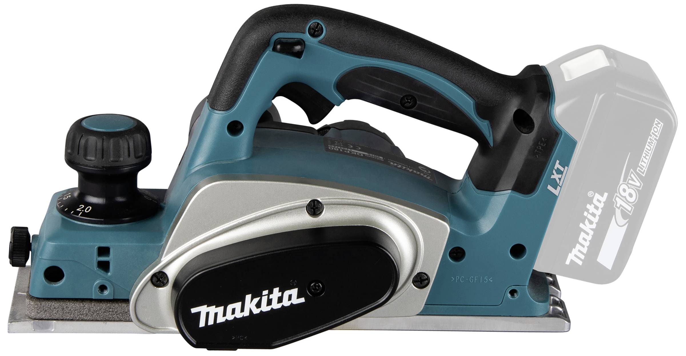 Elektrischer Handhobel mit grün-schwarzem Gehäuse und 18V-Lithium-Ionen-Akku. Markenname 'Makita' sichtbar auf Gerät und Akku.