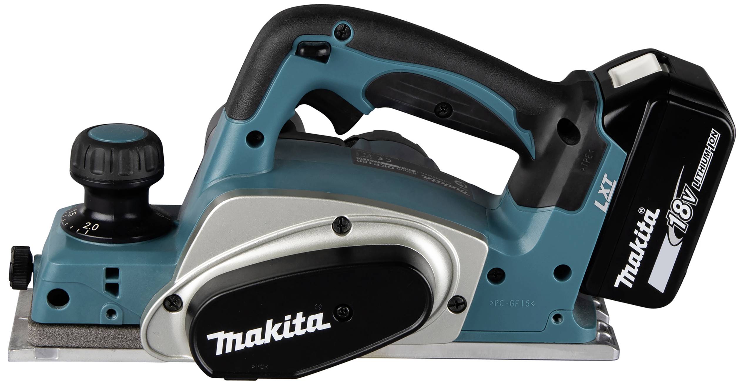 Elektrohobel der Marke Makita, blau-schwarz, mit 18V-Akku und seitlichem Einstellrad zur Kontrolle der Hobeltiefe.