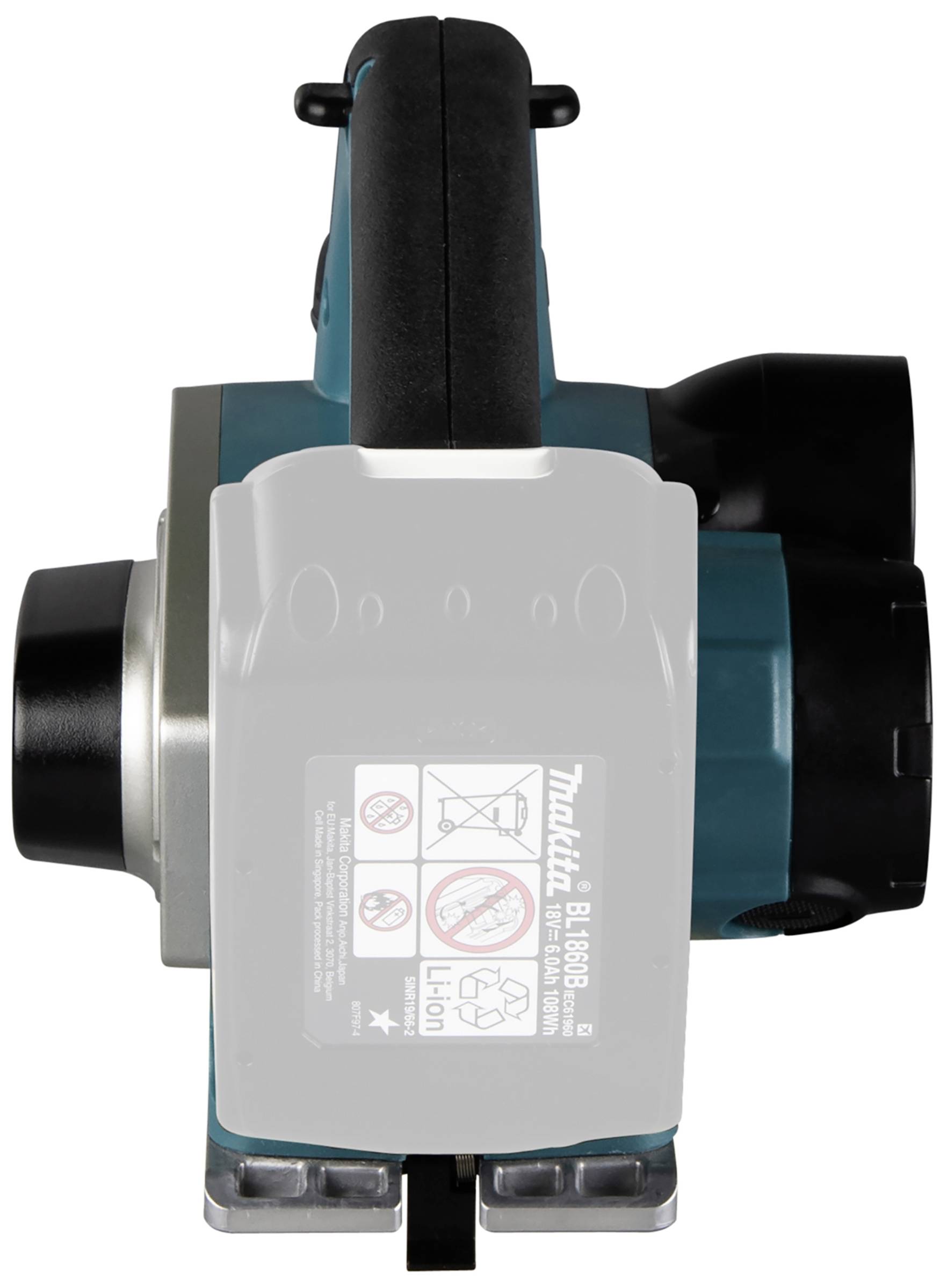 Elektrischer Handhobel in blau-schwarz. Vorderansicht zeigt die Klingenabdeckung und den ergonomischen Griff.