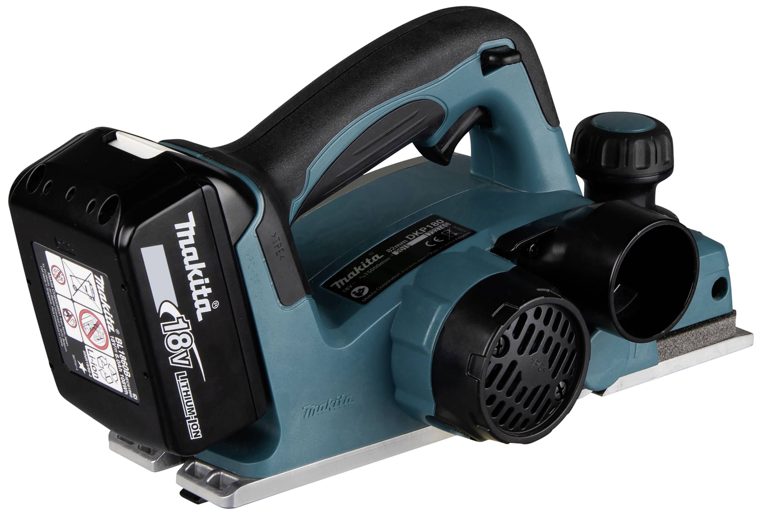 Ein Akkuhandhobel von Makita, Modell 18V Lithium-Ion, mit schwarzem Griff und integriertem Staubauslass. Ideal zum Glätten von Holzoberflächen.