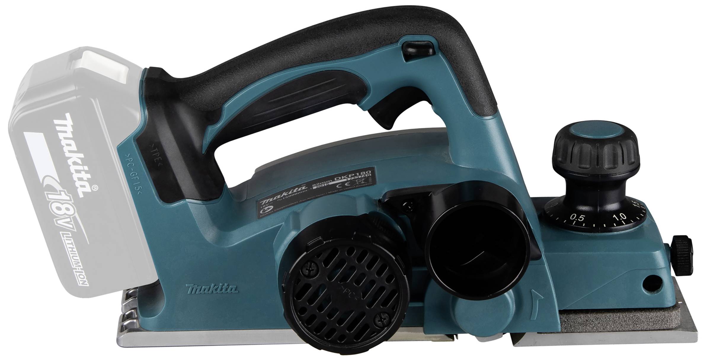 Elektrischer Handhobel in Türkis mit Akku, schwarzem Handgriff und Einstellrad zur Tiefenanpassung rechts. Ideal für Holzbearbeitung.