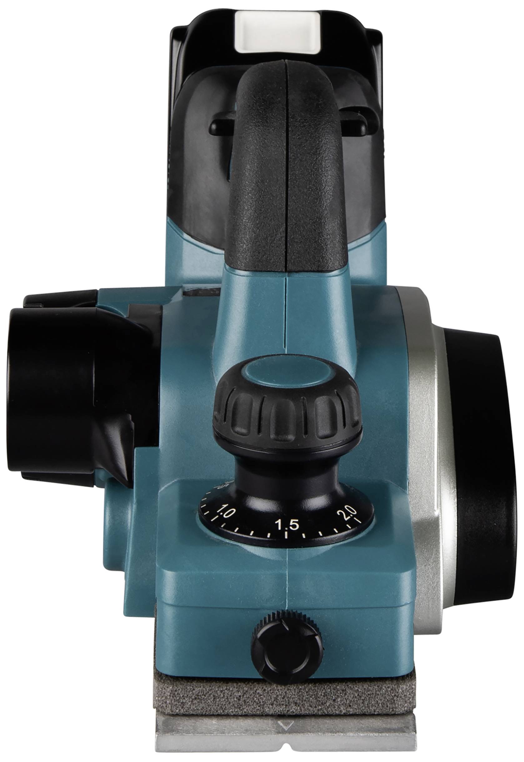 Ein blauer elektrischer Handhobel mit einem Drehknopf zur Tiefeneinstellung und einem ergonomischen Griff, frontal fotografiert.