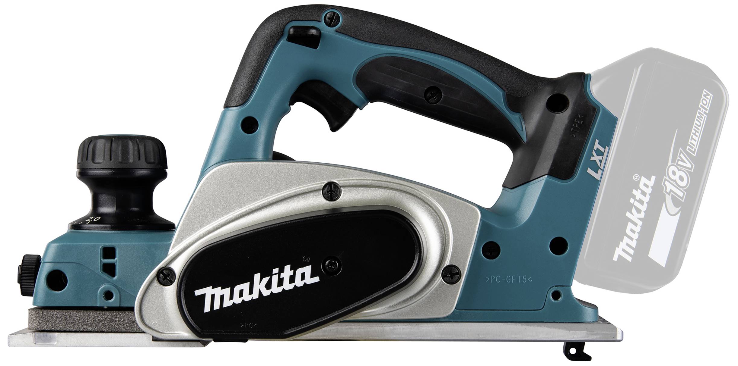 Ein kabelloser, blauer und schwarzer Elektrohandhobel mit einem 18V Akku-Anschluss, geeignet für Holzarbeiten.