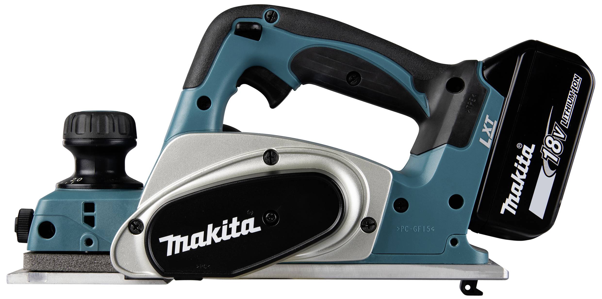 Ein kabelloser, blauer Elektrohobel mit einem ergonomischen Griff und einem schwarzen Akku an der Rückseite.