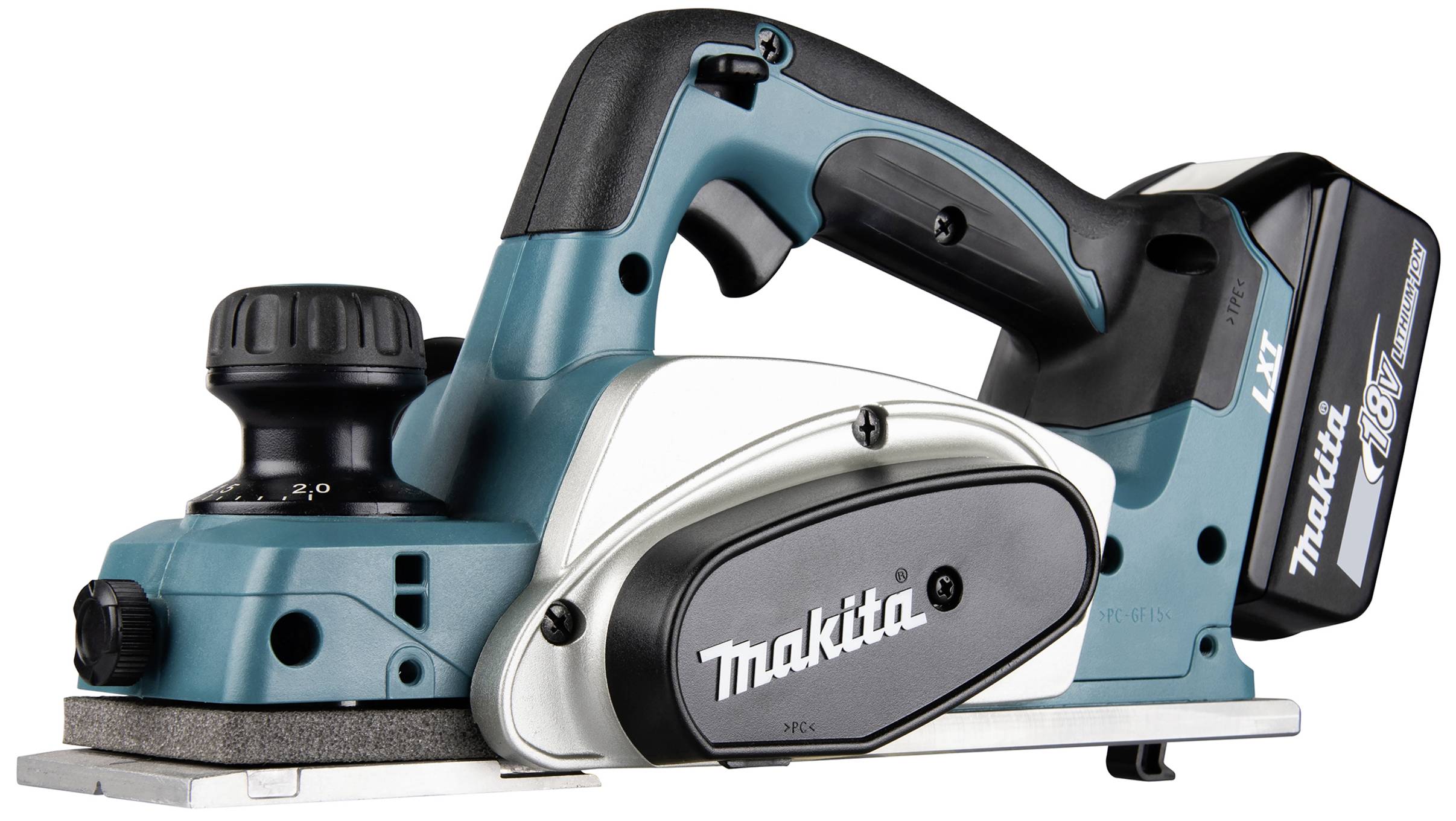 Elektrischer Handhobel von Makita, blau mit Akku, seitliche Ansicht. Geeignet für Holzarbeiten und Oberflächenbearbeitung.