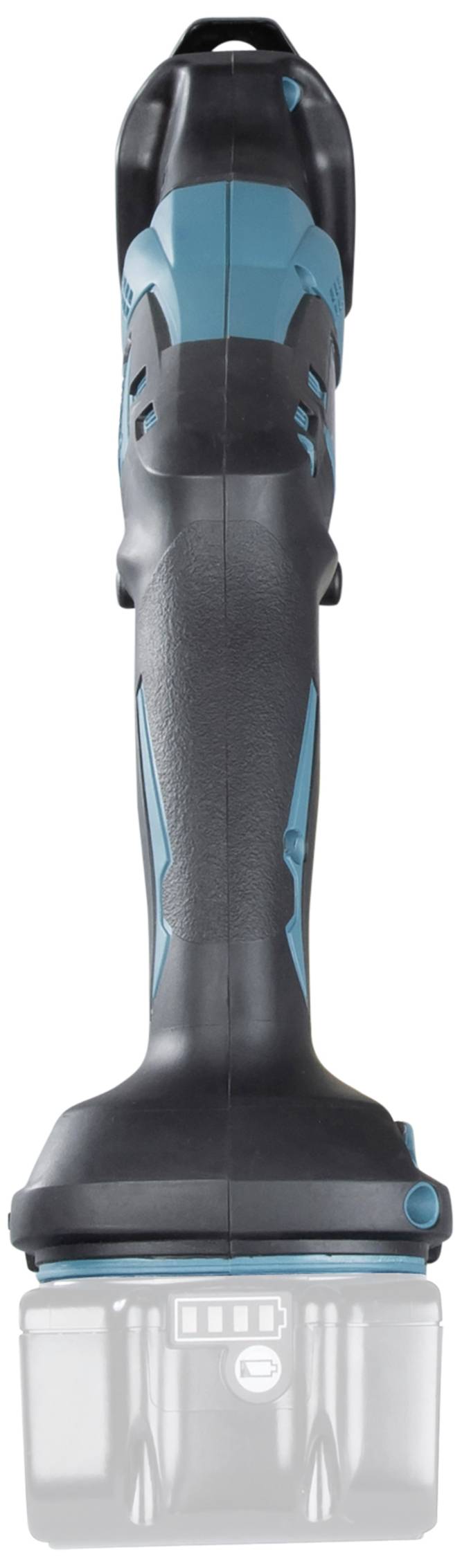 Akku-Winkelschleifer in vertikaler Position mit blau-schwarzem Gehäuse, ohne Scheibe montiert.