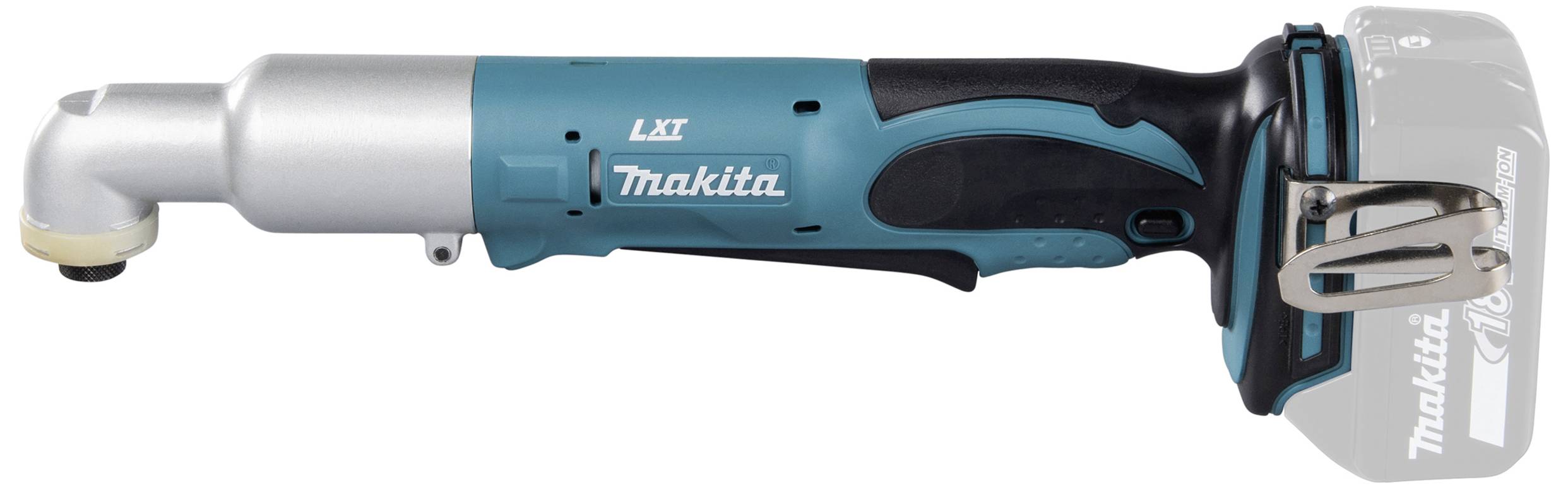 Ein batteriebetriebener, rechtwinkliger Schrauber von Makita wird in Seitenansicht gezeigt.