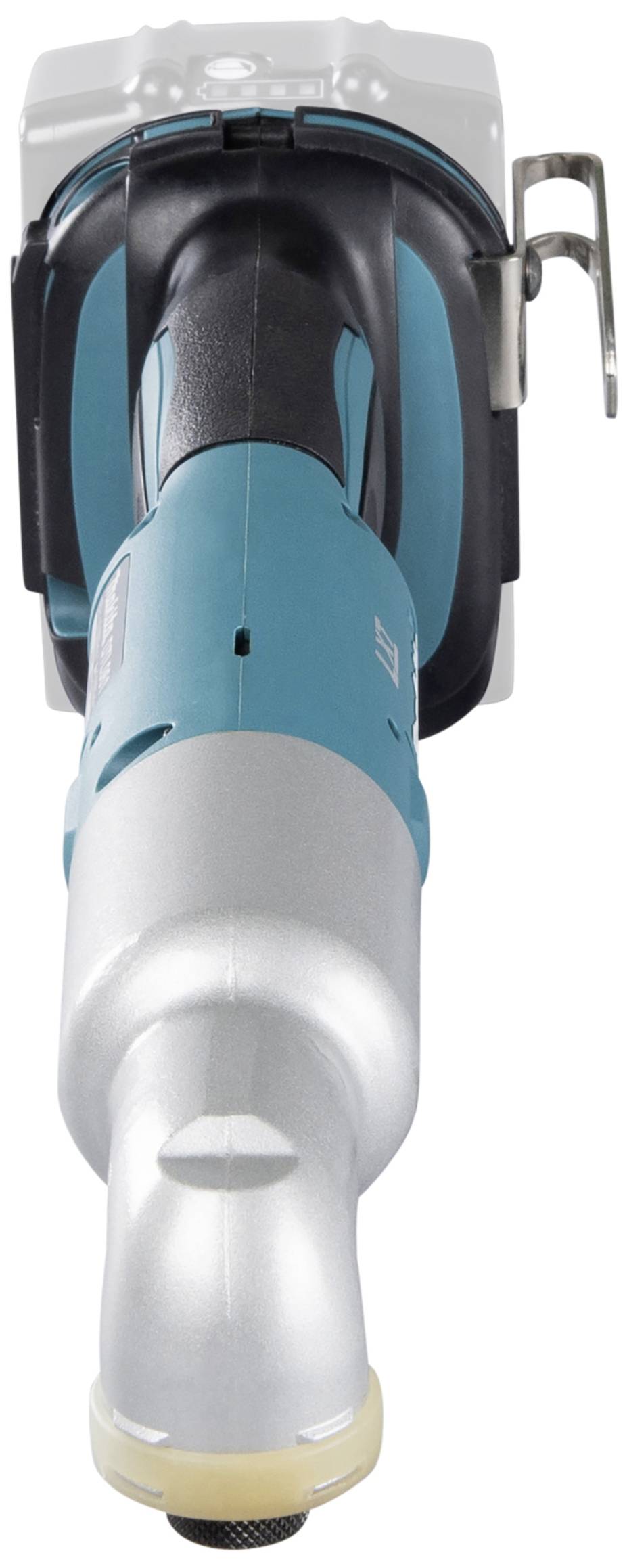 Elektrowerkzeug mit blauem Griff und Metallkopf, von vorne gesehen. Werkzeug scheint für Schneide- oder Bohrarbeiten geeignet.