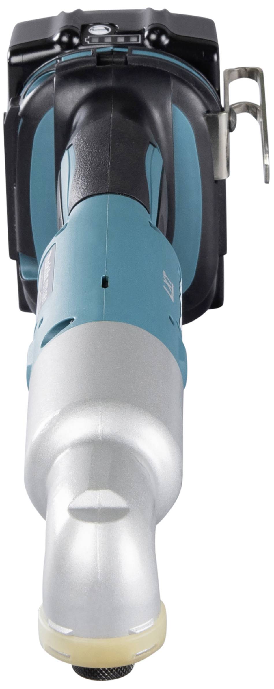 Eine Nahaufnahme eines kabellosen Elektrowerkzeugs, vermutlich ein Akkuschrauber, mit blauem Gehäuse und metallischer Spitze.